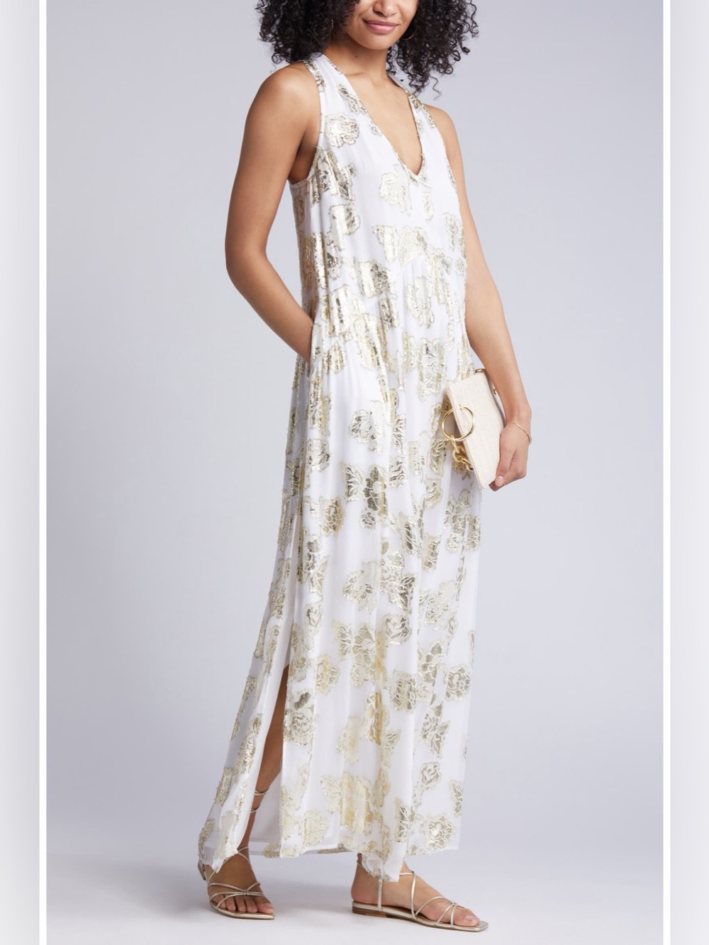 NWT Ciebon Cece Metallic Floral Maxi Dress White Gold Metallic sz Small